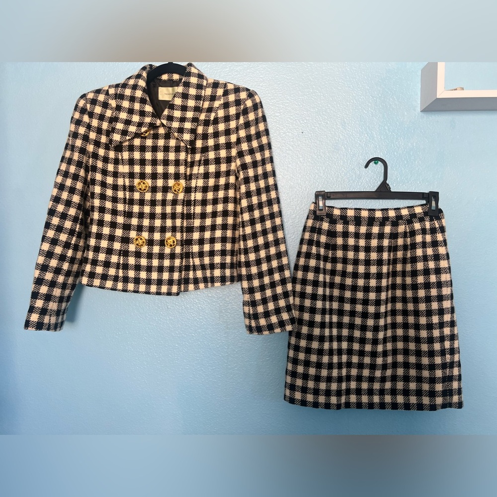 Tweed Plaid Cropped Suit Blazer & Slit Skirt Set